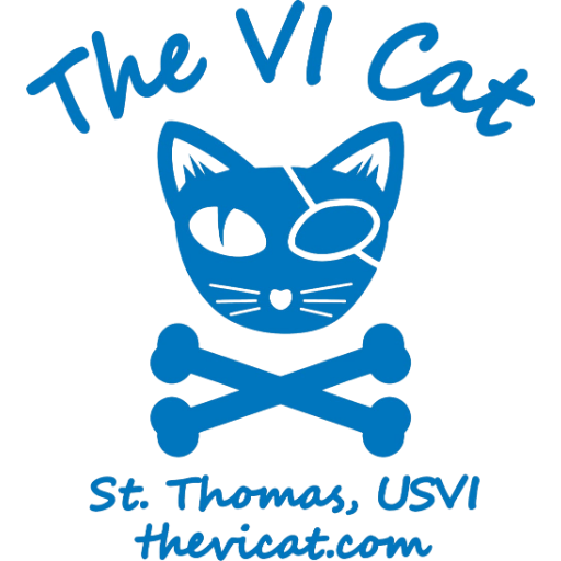 Blue cat logo with crossbones and text 'The VI Cat, St. Thomas, USVI, thevicat.com'.