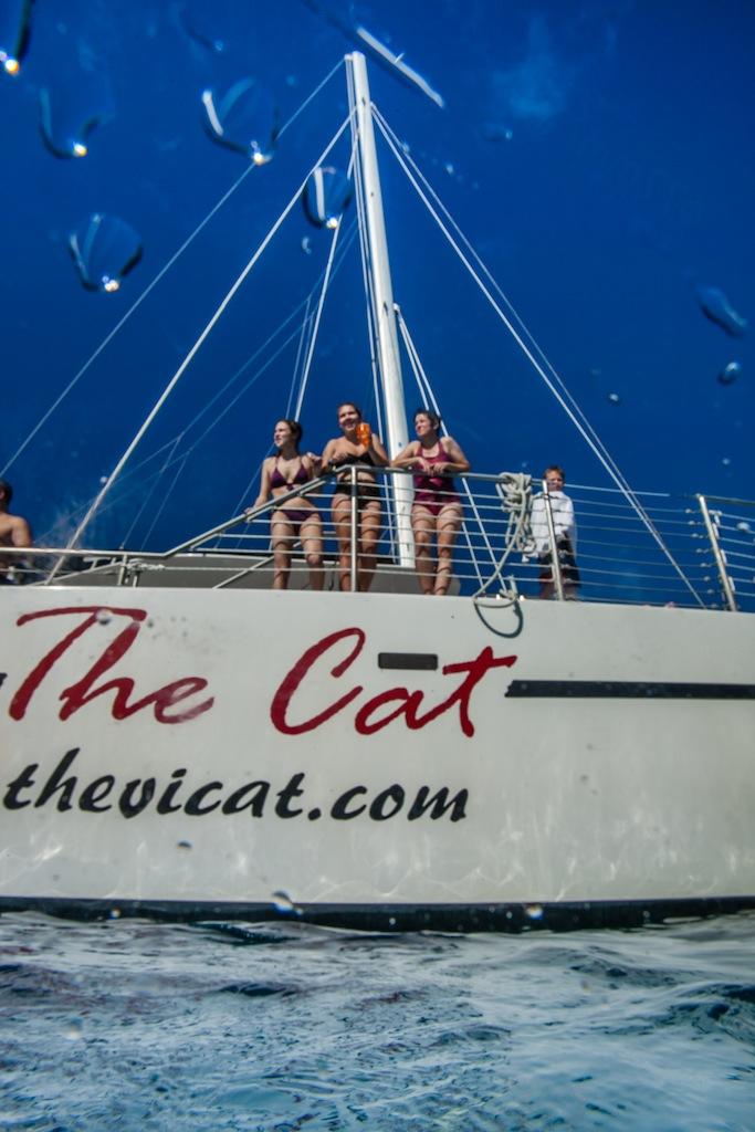People on a catamaran with 'The Cat' written on the side, taken from a water-level angle.