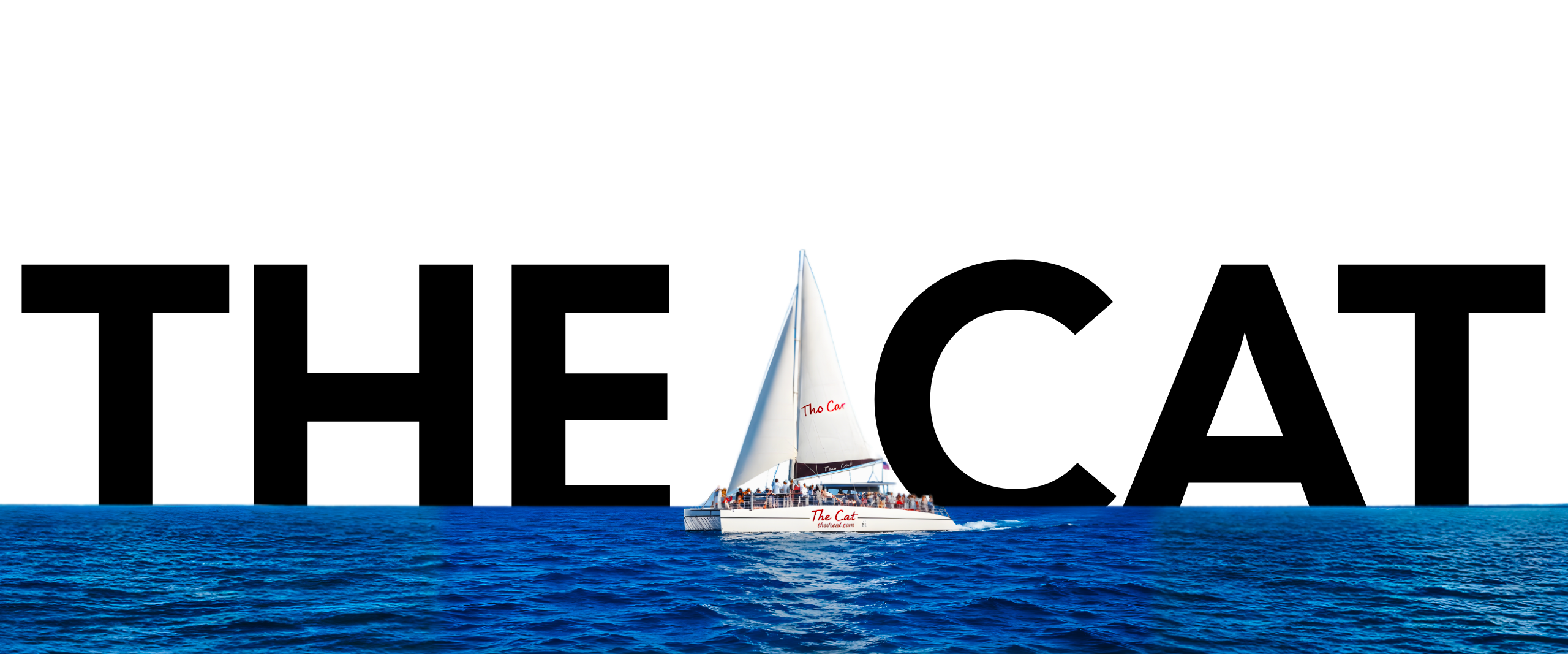 Sailboat on ocean with 'THE CAT' text in bold above.