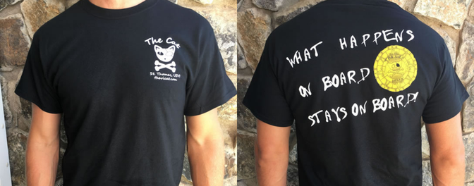Black T-shirt with cat logo on front and text on back.