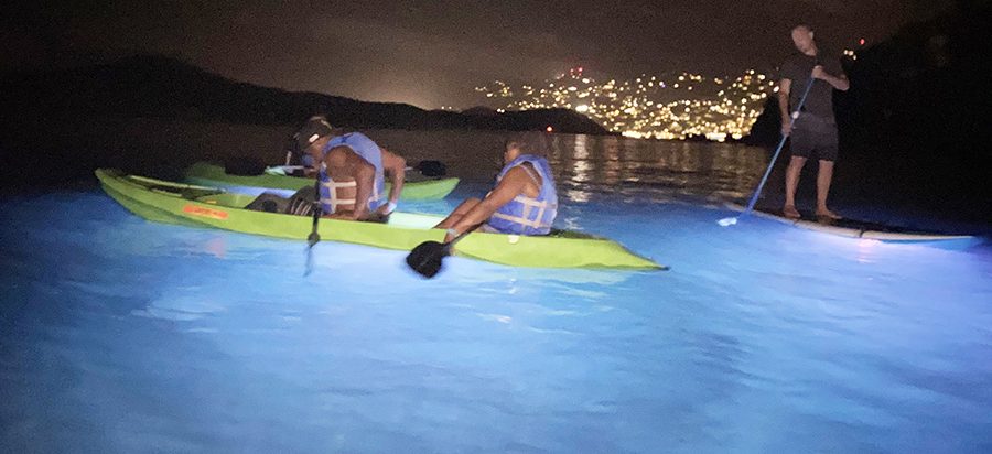 People kayaking and paddleboarding on glowing water at night with city lights in the background.