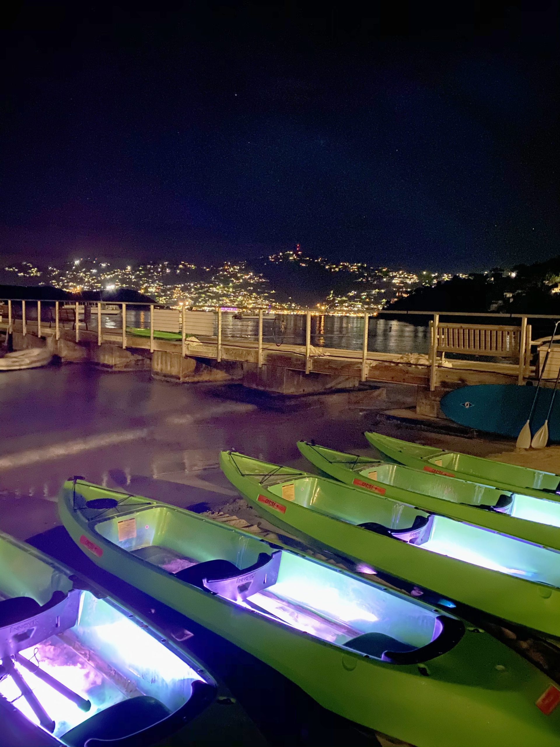 Illuminated kayaks by a dock at night, with city lights across the water.