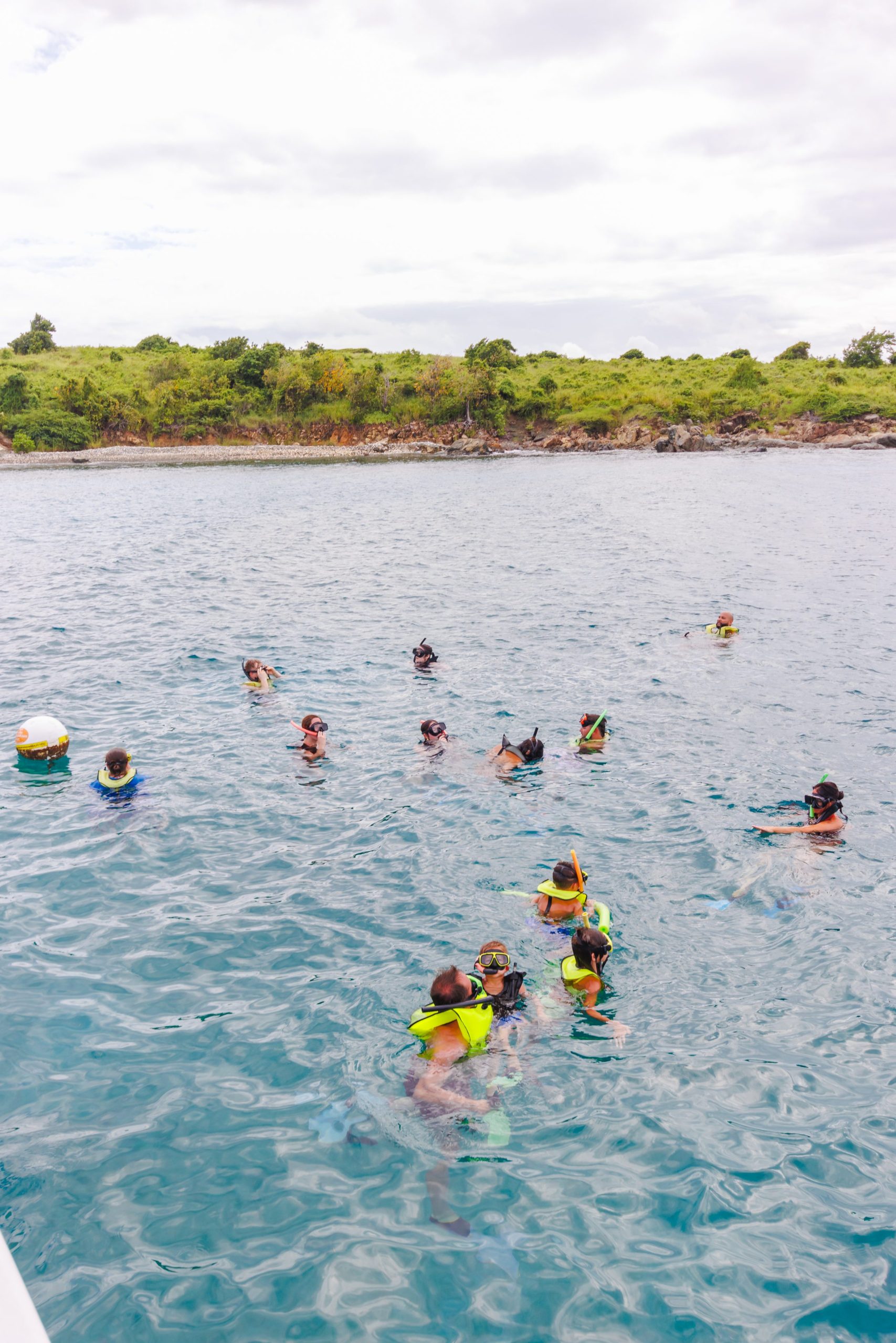 People snorkeling in open water near a green island.