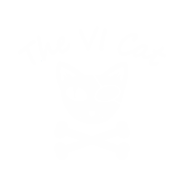 Faded logo with a cat face and crossbones design.